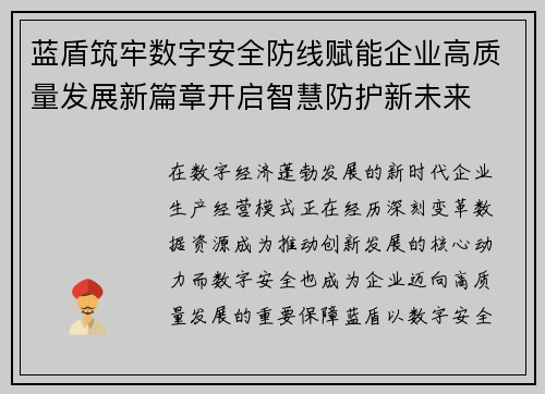 蓝盾筑牢数字安全防线赋能企业高质量发展新篇章开启智慧防护新未来